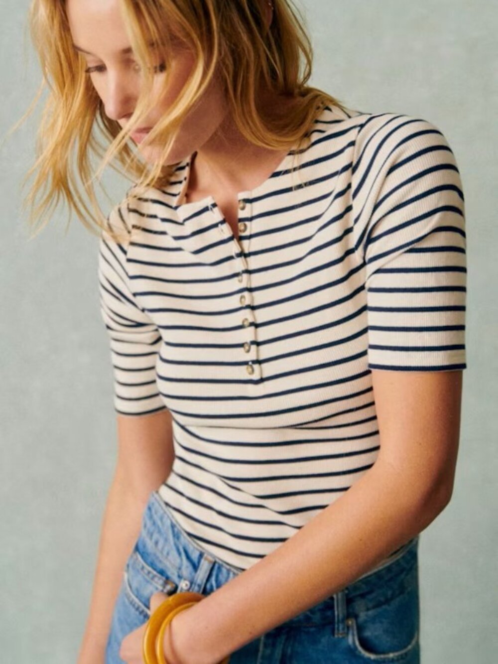 NWT Sezane Theodora T-Shirt (Ecru/Navy) S
